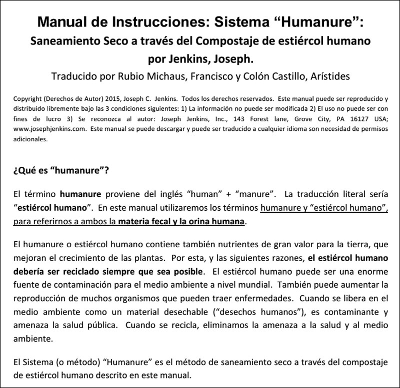Humanure Compost Toilet Manual translated by Rubio Michaus and Aristides Castillo